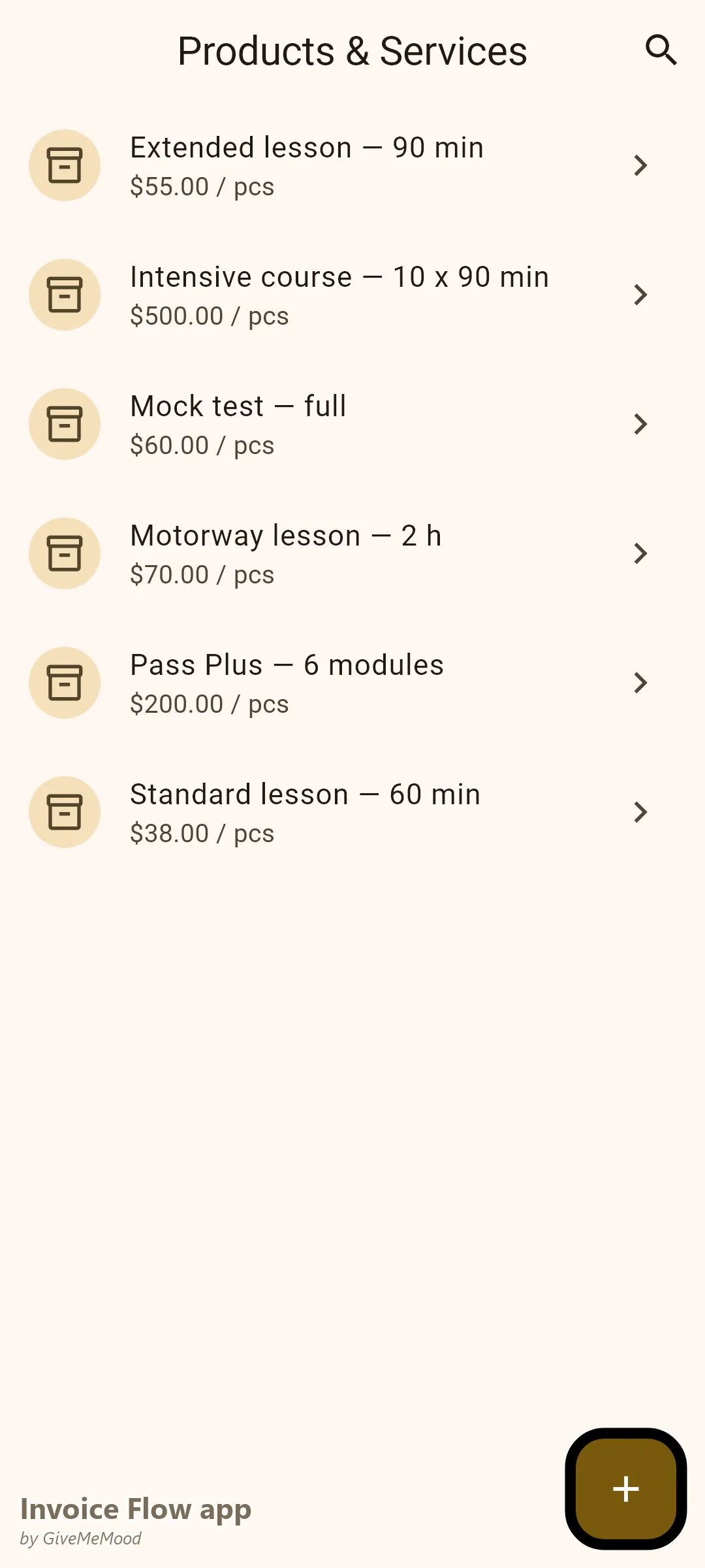 Invoice Flow app Produktbildschirm einer Fahrschule – Standard- und verlängerte Fahrstunden, ein Intensivkurs, Autobahnfahrten, Prüfungssimulationen und Pass Plus