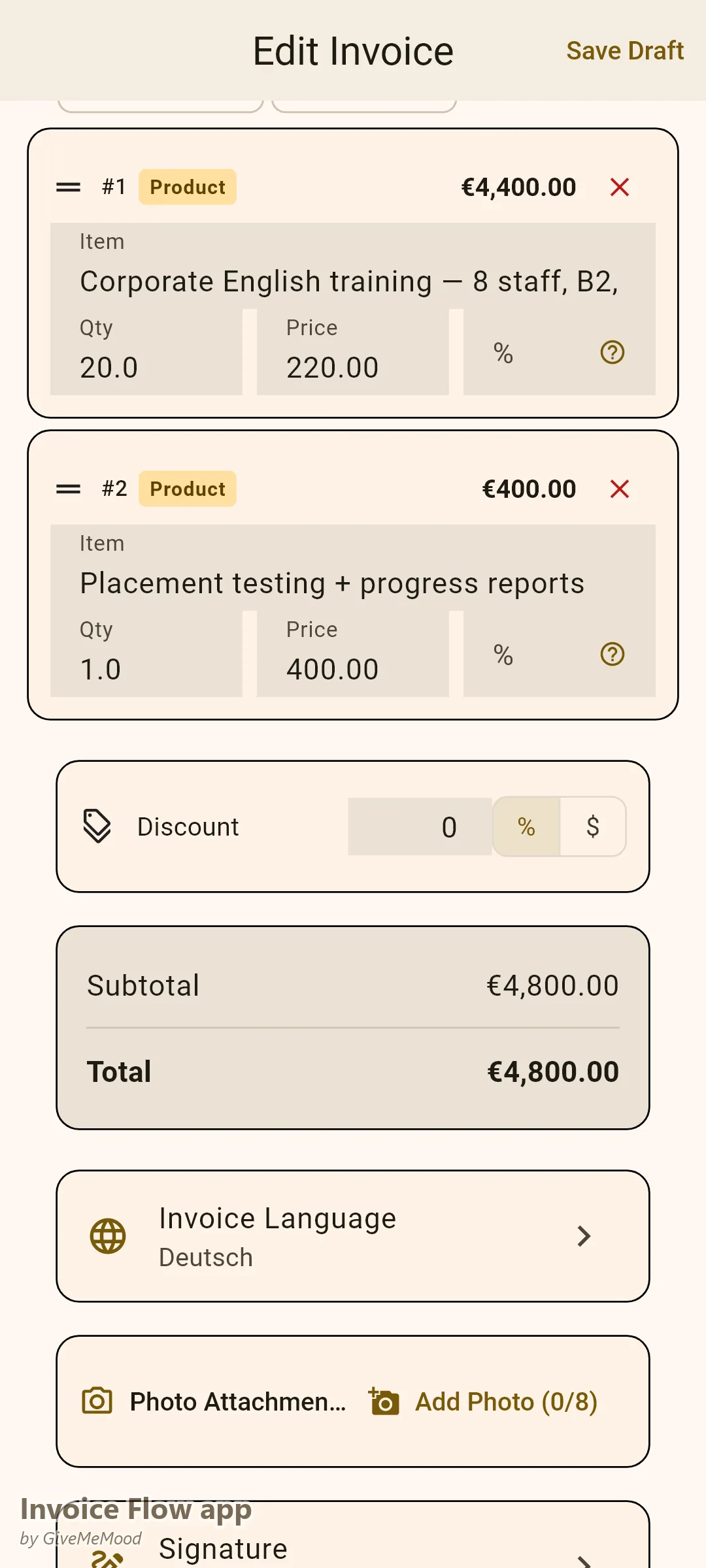 Editor fatture dell'app Invoice Flow di un insegnante di lingue — un programma aziendale di inglese da 20 sessioni per 8 dipendenti più test di piazzamento, fatturato in EUR con riferimento del programma e livello