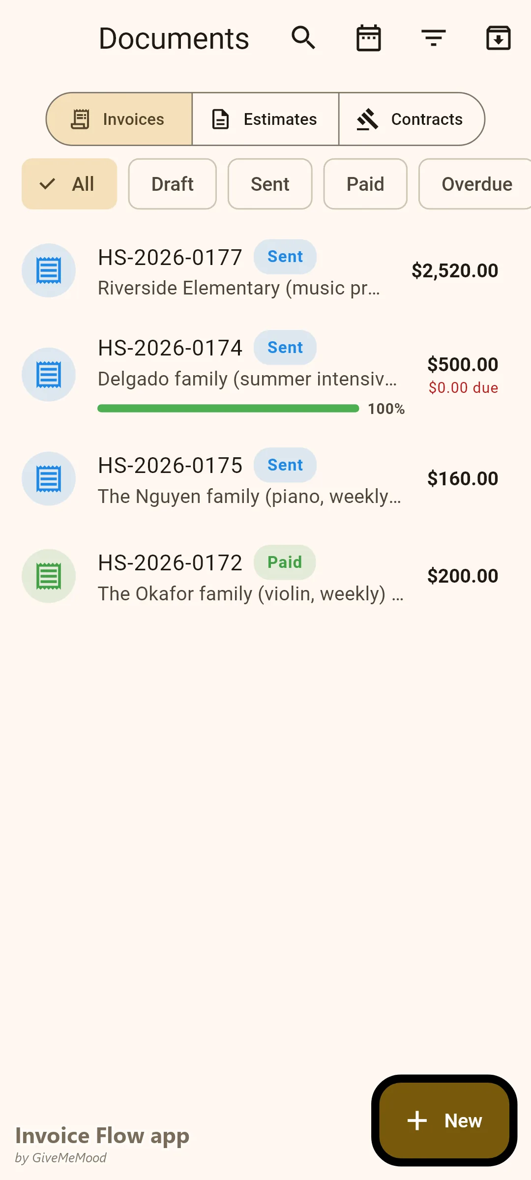 음악 강사의 Invoice Flow app 문서 — 학교 프로그램, 결제된 여름 집중반, 월간 피아노 청구서, 결제된 바이올린 블록