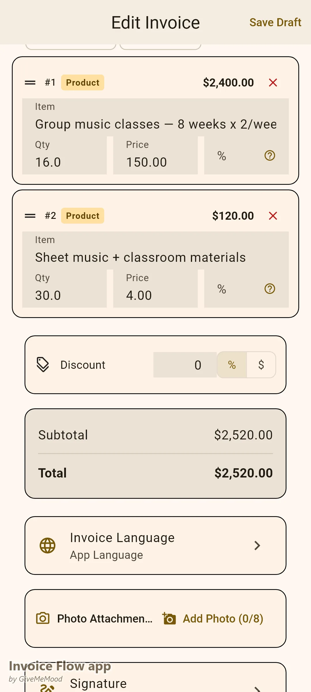 음악 교사의 Invoice Flow app 인보이스 편집기 — 학생 30명을 위한 8주 그룹 수업과 교실 자료, 맞춤 필드에 담긴 교육 참조 번호