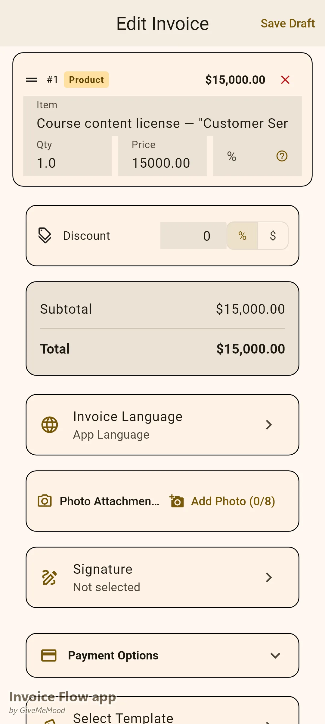 Editor fatture dell'app Invoice Flow di un creatore di corsi online — una licenza perpetua di contenuti per uso interno fino a 500 dipendenti con ambito e termini della licenza