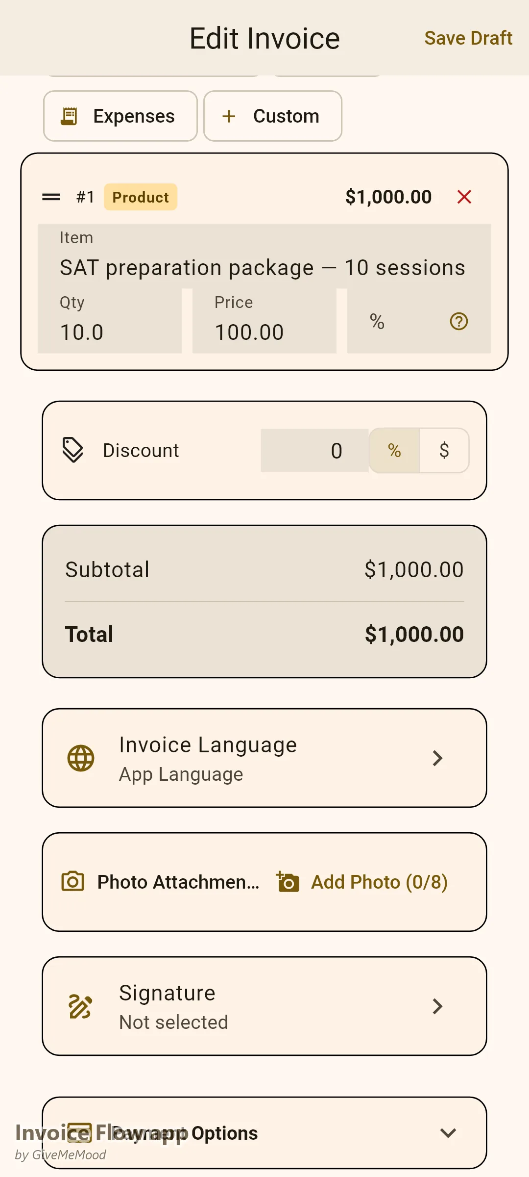Invoice Flow app fakturaredigerare för en privatlärare — ett SAT-förberedelsepaket med 10 sessioner fakturerat i förskott med loggade sessioner och avbokningspolicy i anpassade fält