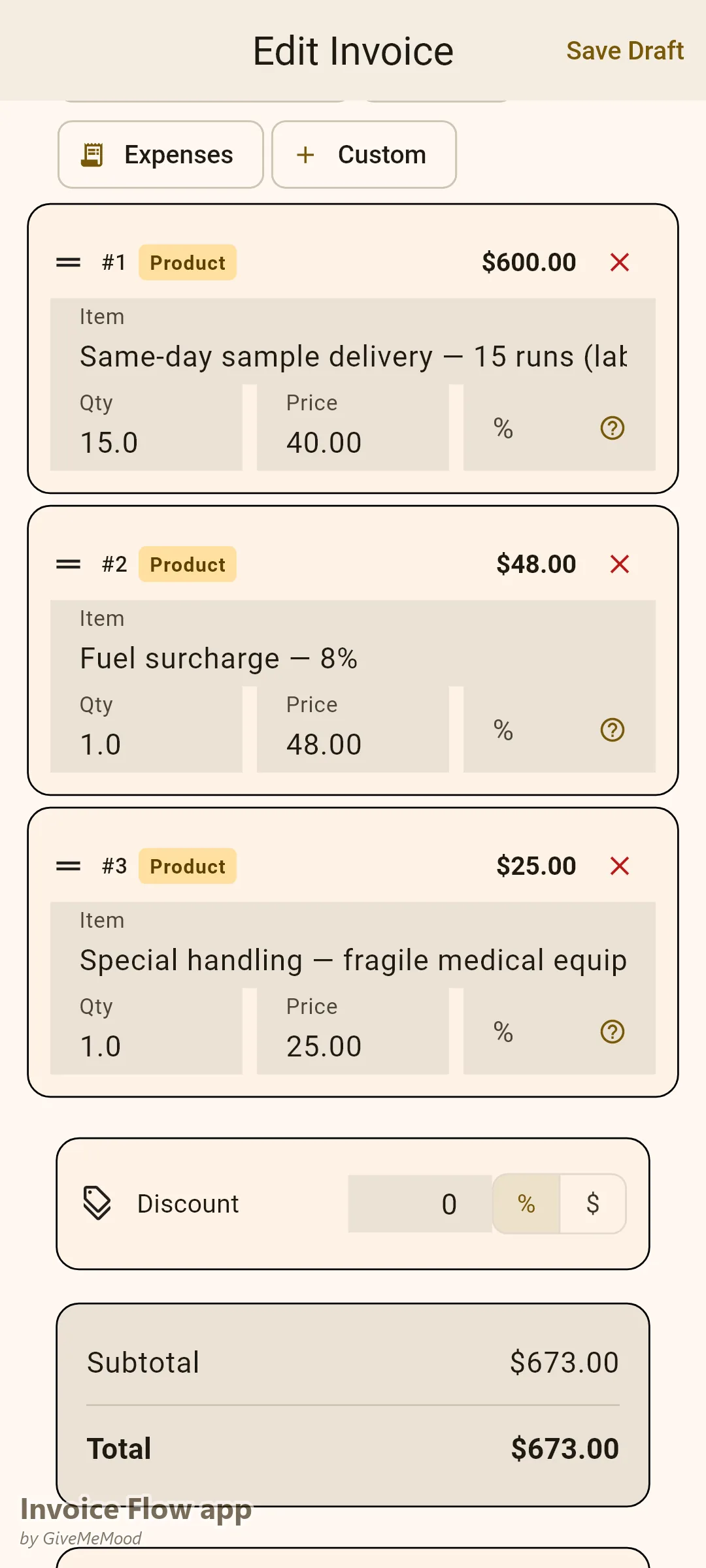 Editor faktury v aplikaci Invoice Flow app u kurýrní služby — měsíční účet za rozvoz pro lékařskou laboratoř s příplatkem za palivo a položkami za speciální manipulaci a referencí účtu ve vlastních polích
