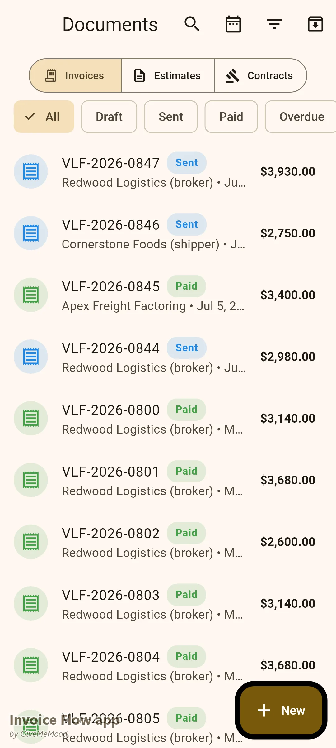 एक ओनर-ऑपरेटर ट्रकर के Invoice Flow app दस्तावेज़ — ब्रोकर और शिपर के लिए फ्रेट लोड और एक फैक्टर्ड लोड, प्रत्येक एक लोड नंबर और BOL संदर्भ के साथ