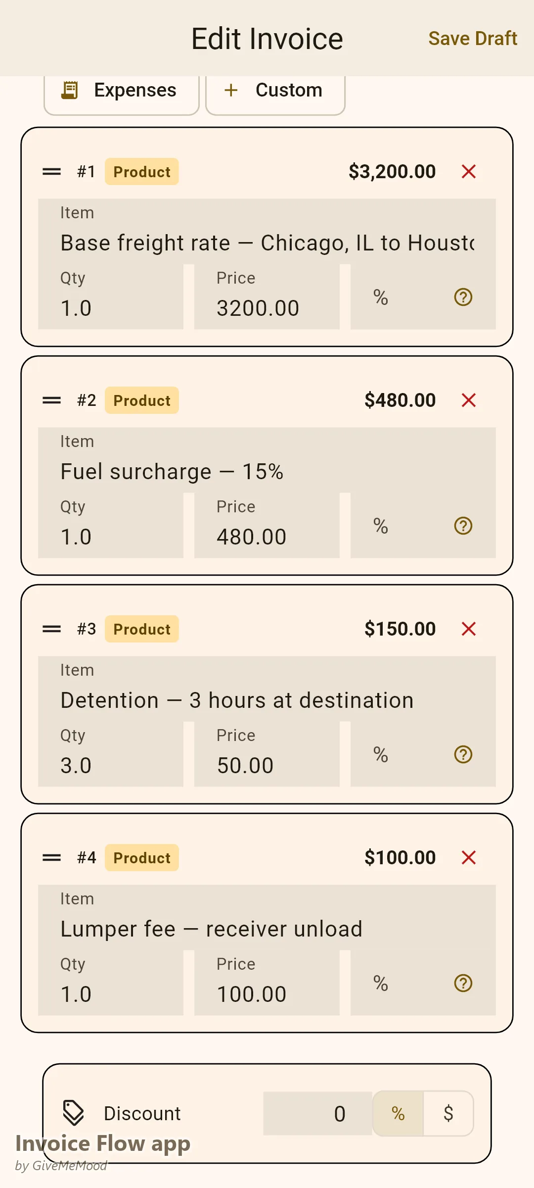 एक स्वतंत्र ट्रकर का Invoice Flow app इनवॉइस एडिटर — बेस रेट, फ्यूल अधिभार, डिटेंशन और लम्पर फीस विवरणित एक फ्रेट लोड, कस्टम फील्ड में लोड नंबर और BOL के साथ
