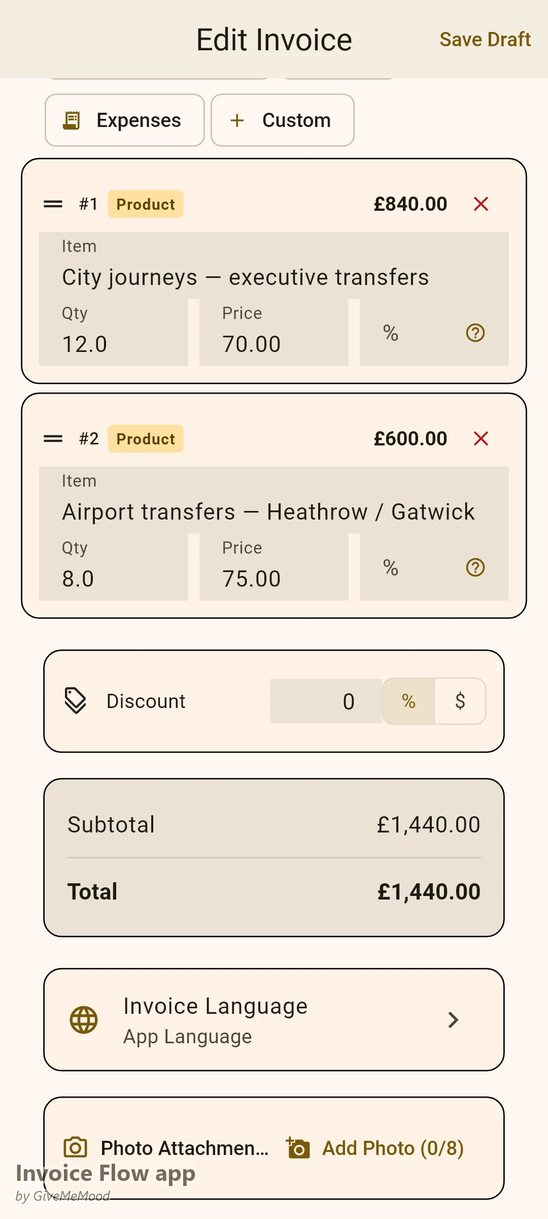 Редактор на фактури в Invoice Flow app на шофьор под наем — месечен корпоративен акаунт с градски курсове и трансфери до летище и референция на разходен център в персонализирани полета