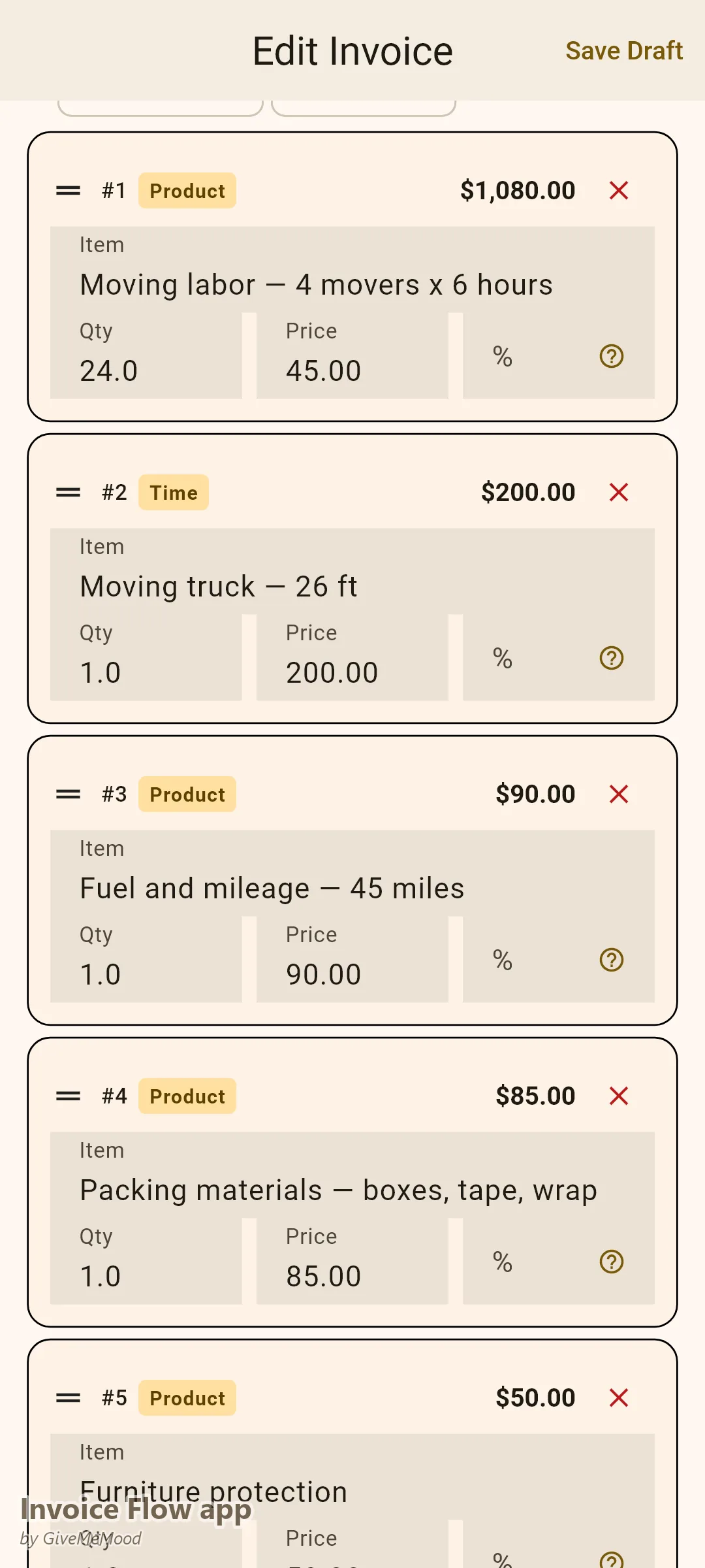 Invoice Flow app-fakturaeditor for et flyttefirma — en specificeret boligflytning med arbejde, lastbil, kilometer, pakkematerialer og møbelbeskyttelse og det fratrukne bookingdepositum