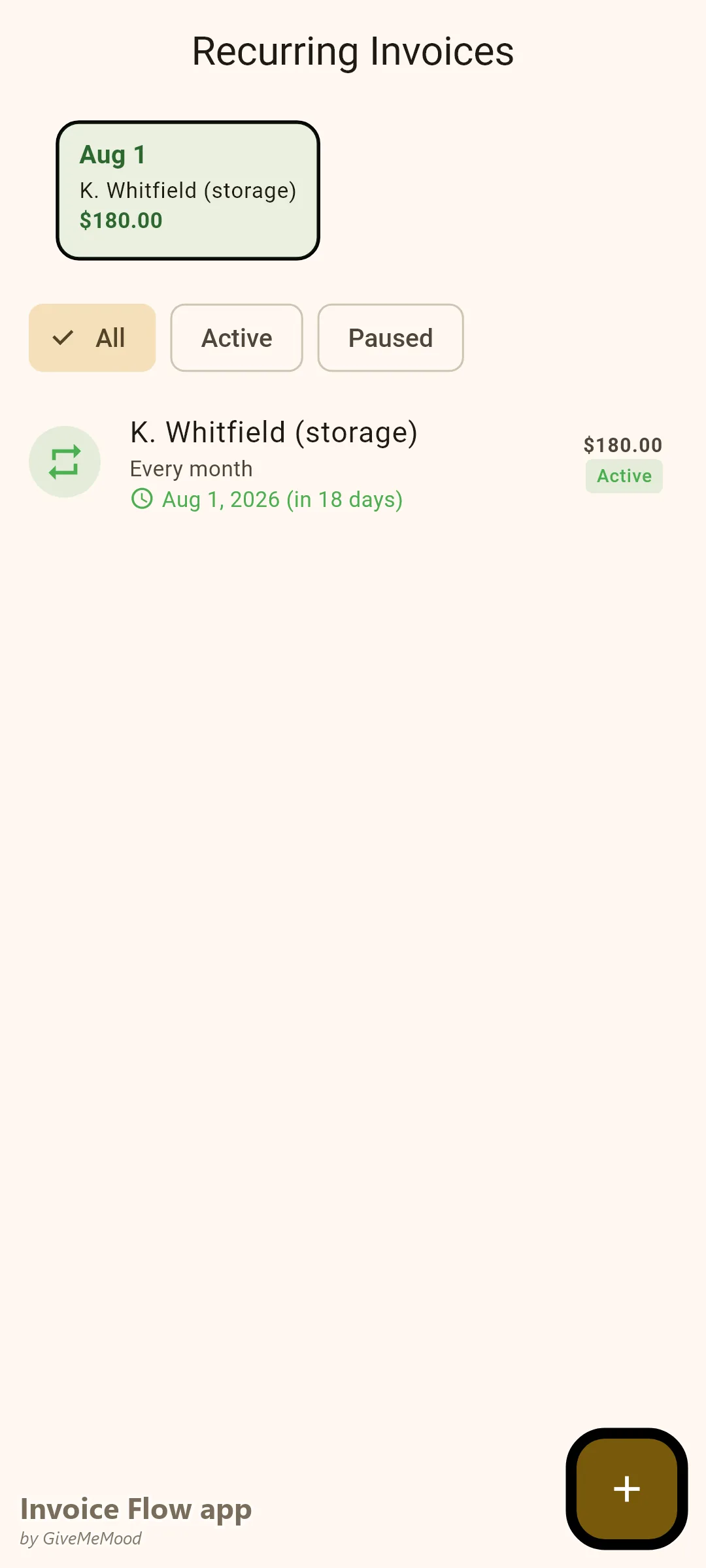Invoice Flow app tilbagevendende fakturaer for et flyttefirma — en månedlig klimastyret opbevaringsenhed faktureret automatisk efter en flytning