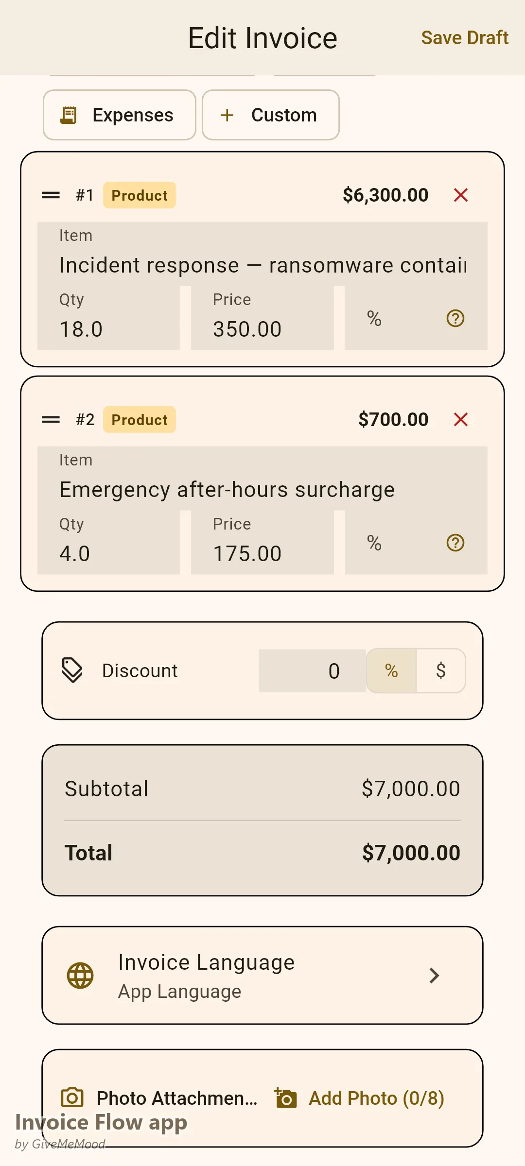 Invoice Flow app fakturaeditor for en cybersikkerhedskonsulent — en ransomware incident-response-opgave faktureret pr. time med et tillæg uden for åbningstid og opgave- og SOW-referencer i tilpassede felter