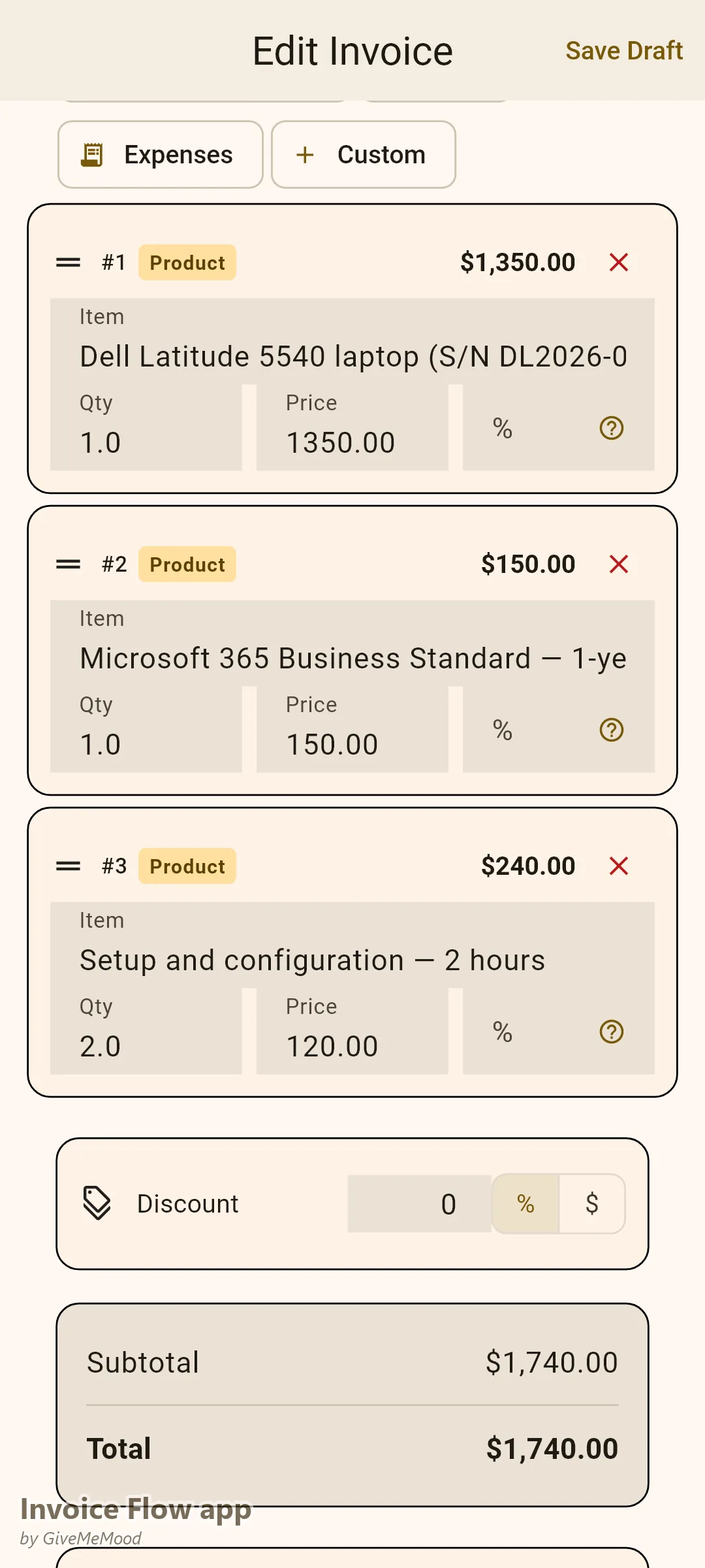 עורך חשבוניות באפליקציית Invoice Flow של טכנאי תמיכת IT — מחשב נייד, רישיון Office 365 ועבודת הקמה עם מספר סידורי, מפתח רישיון ומספר כרטיס בשדות מותאמים