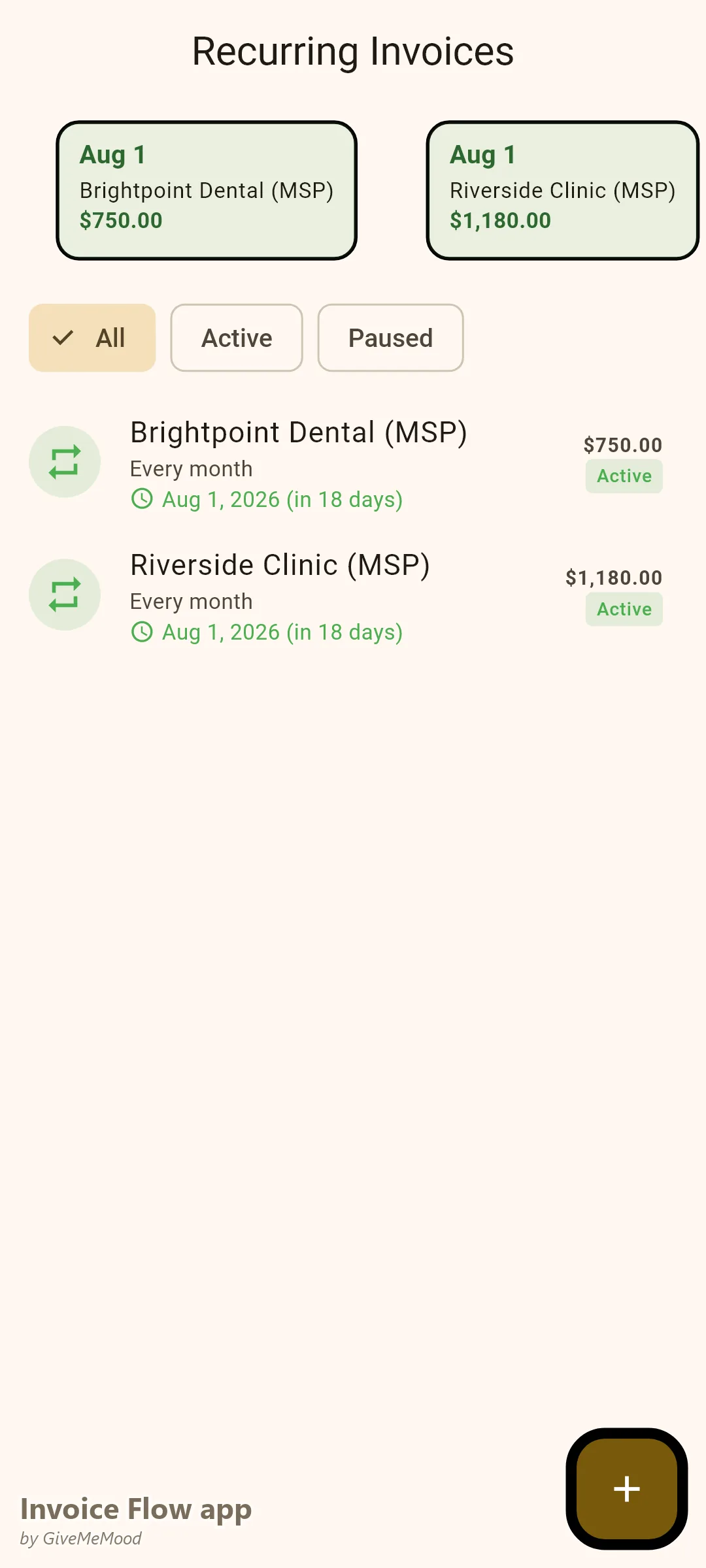 חשבוניות חוזרות ב-Invoice Flow app של חברת תמיכת IT — ריטיינרי שירות מנוהל (MSP) חודשיים לתחנות עבודה, ניטור והלפדסק