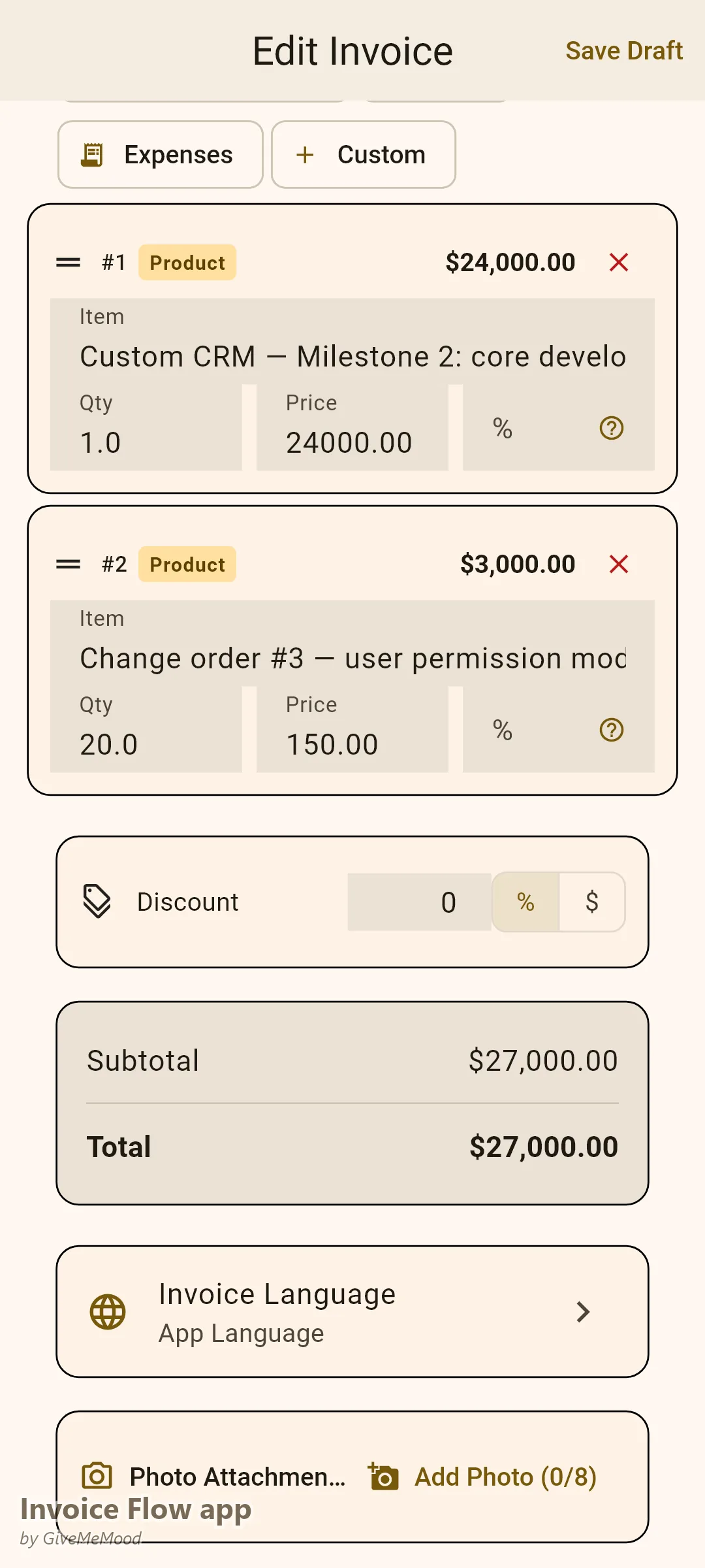 עורך החשבוניות של Invoice Flow app של סוכנות פיתוח תוכנה — אבן דרך של CRM מותאם בחיוב עם שורת הזמנת שינוי נפרדת ואסמכתאות פרויקט, ספרינט ו-SOW בשדות מותאמים