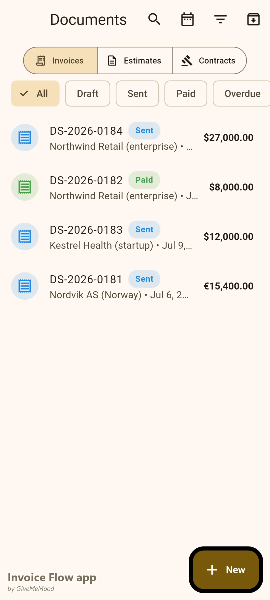מסמכי Invoice Flow של סוכנות תוכנה — אבני דרך של פרויקט, שינוי היקף, ריטיינר חודשי ואבן דרך בינלאומית ב-EUR