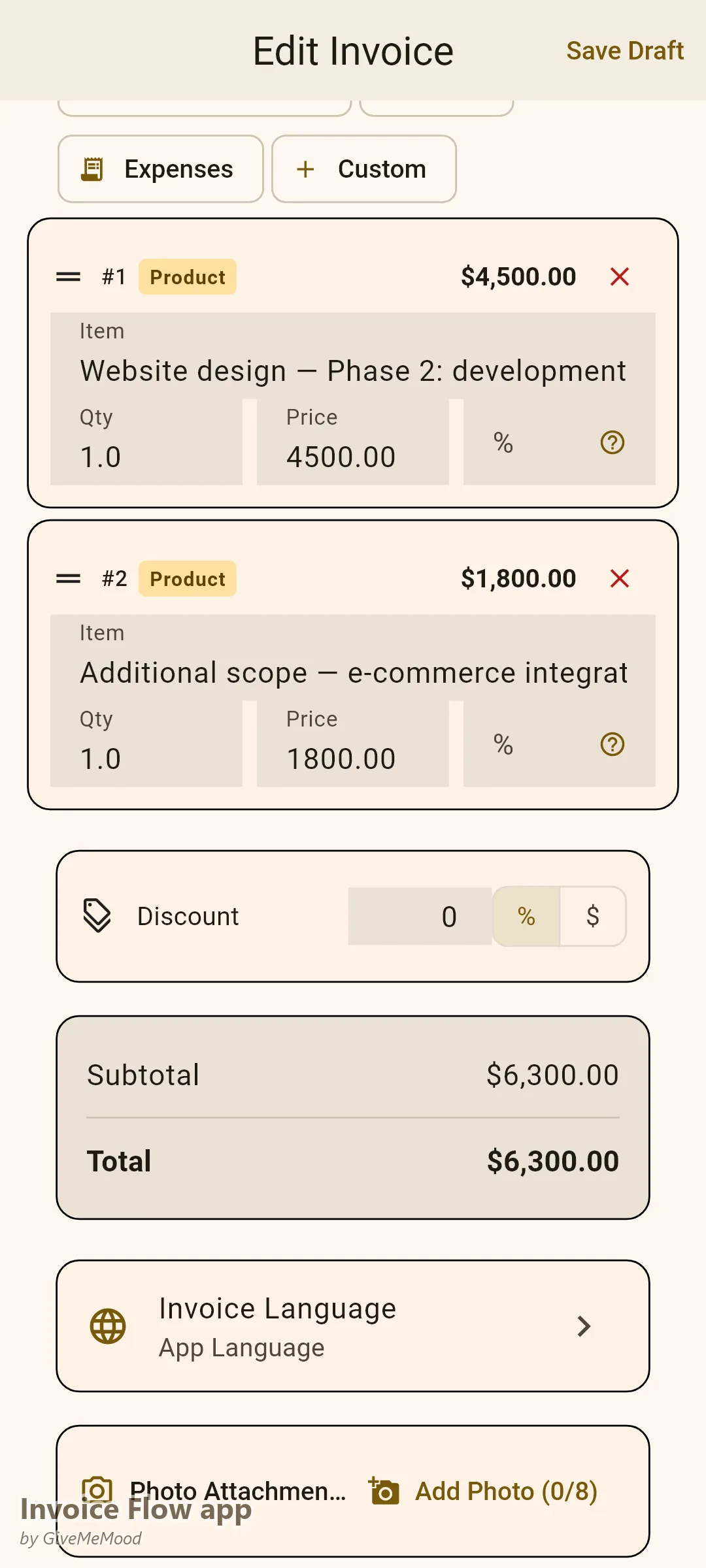 Επεξεργαστής τιμολογίων της εφαρμογής Invoice Flow ενός agency web design — ένα τιμολόγιο φάσης ανάπτυξης με μια εκτός αντικειμένου ενσωμάτωση e-commerce ως ξεχωριστή γραμμή και αναφορές έργου και domain σε custom fields