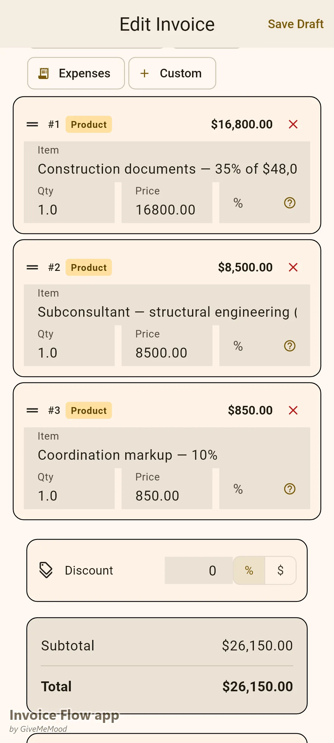 एक आर्किटेक्ट का Invoice Flow app इनवॉइस एडिटर — एक स्ट्रक्चरल-इंजीनियर पास-थ्रू और एक 10% कोऑर्डिनेशन मार्कअप के साथ एक कंस्ट्रक्शन-डॉक्युमेंट्स फेज़ फीस और कस्टम फील्ड में प्रोजेक्ट नंबर, फेज़ और परमिट