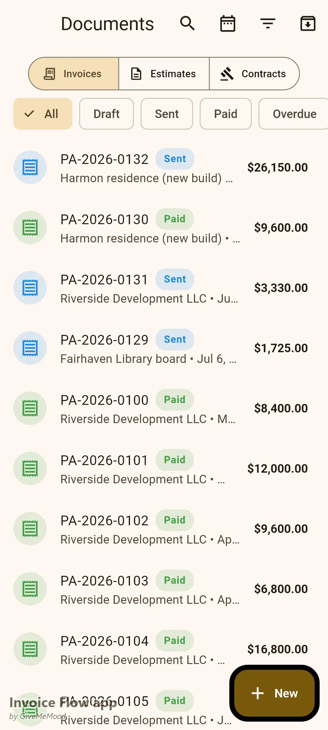 एक आर्किटेक्ट का Invoice Flow app documents — स्कीमैटिक और कंस्ट्रक्शन-डॉक्यूमेंट फेज़ फीस, एक प्रति घंटा कंस्ट्रक्शन-एडमिनिस्ट्रेशन इनवॉइस और एक प्रतिपूर्ति स्टेटमेंट