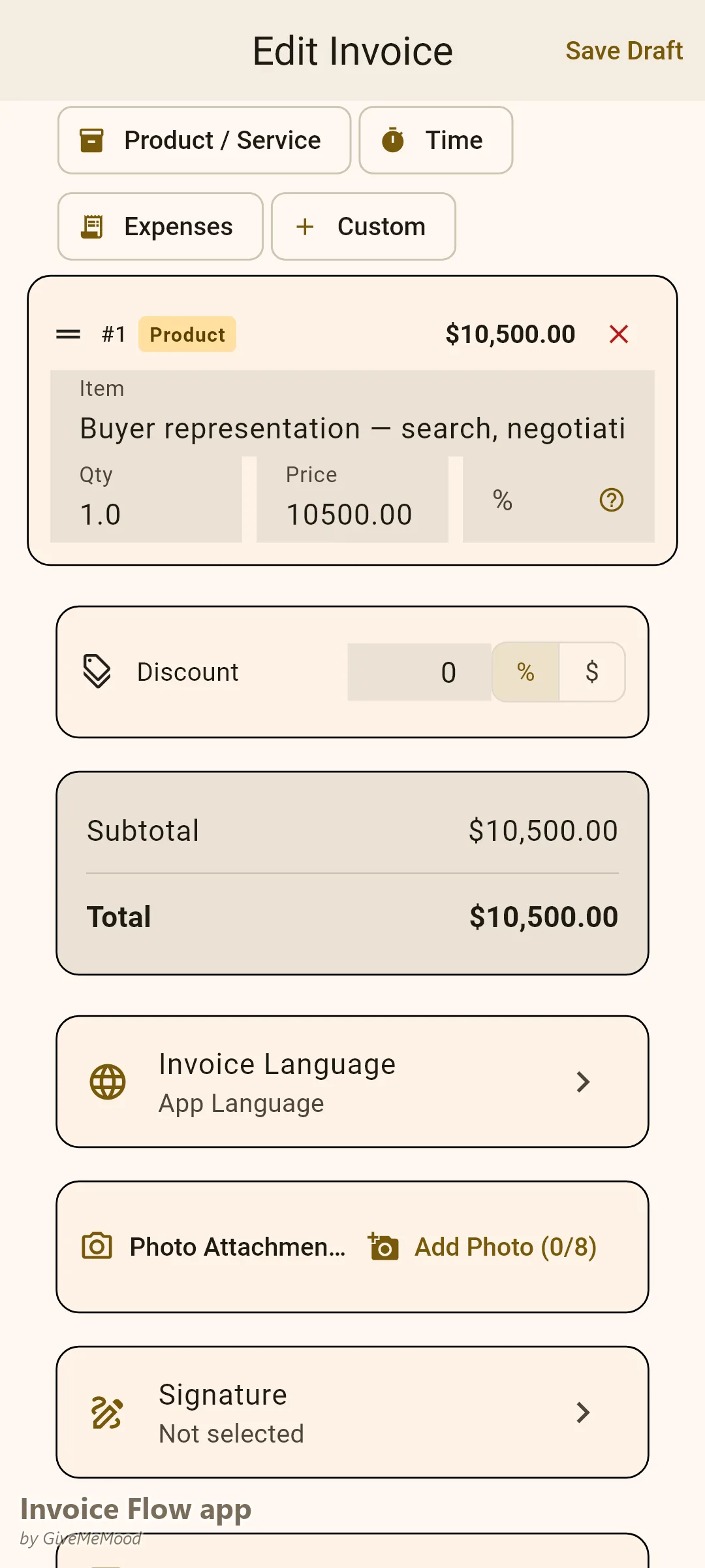 Редактор на фактури в Invoice Flow app на брокер на имоти — такса за представителство на купувача от 2,5% от покупната цена с имот, покупна цена, номер на лиценз и дата на приключване в персонализирани полета