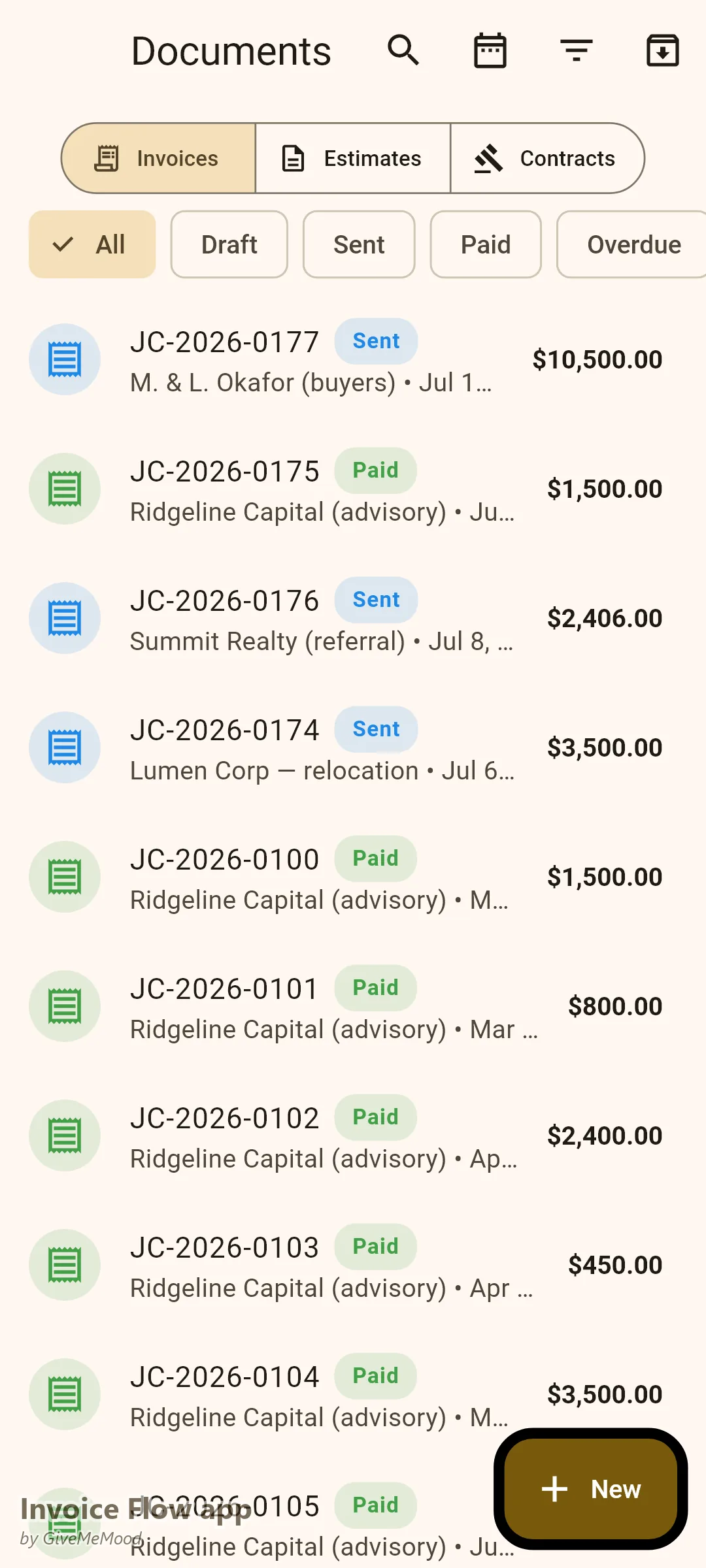 Документи в Invoice Flow app на брокер на недвижими имоти — такса за представителство на купувач, консултантска такса за пазарен анализ, междуагентска препоръчителна такса и фактура за корпоративно преместване