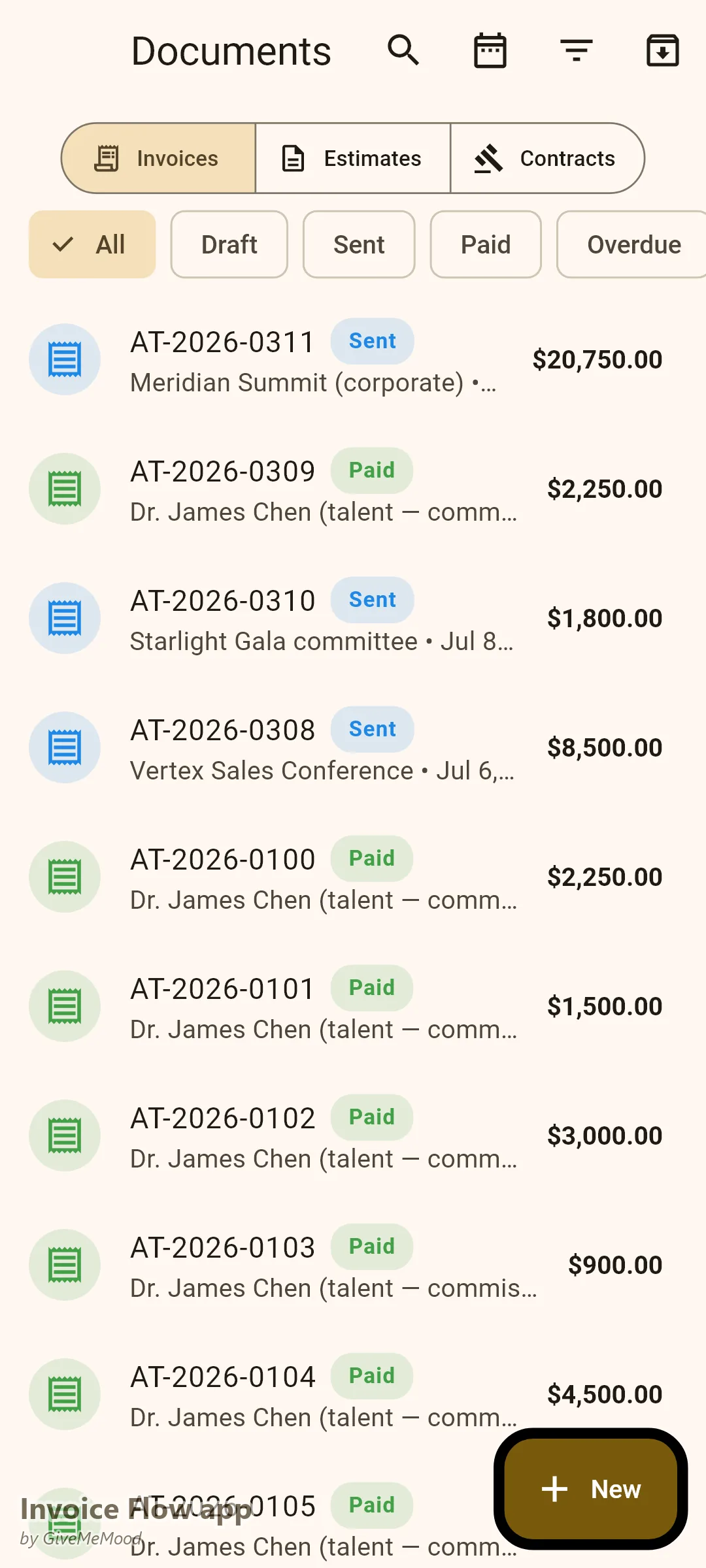 Dokumenty v aplikaci Invoice Flow app u umělecké agentury — faktura za rezervaci talentu, faktura za provizi agentury, rezervační záloha a firemní rezervace kapely