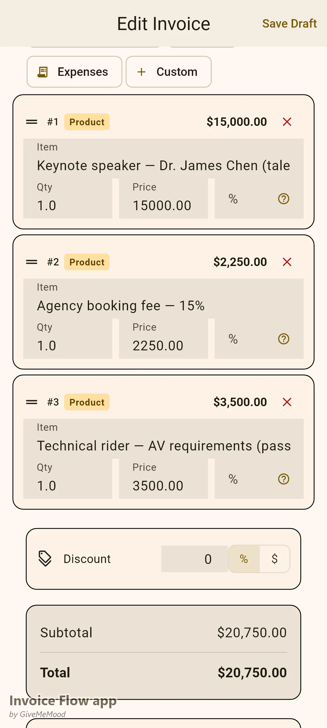 Editor faktur zábavní agentury v aplikaci Invoice Flow — honorář hlavního řečníka, 15% agenturní poplatek za zprostředkování a přeúčtování technického rideru jako samostatné položky s umělcem, akcí a referencí ve vlastních polích