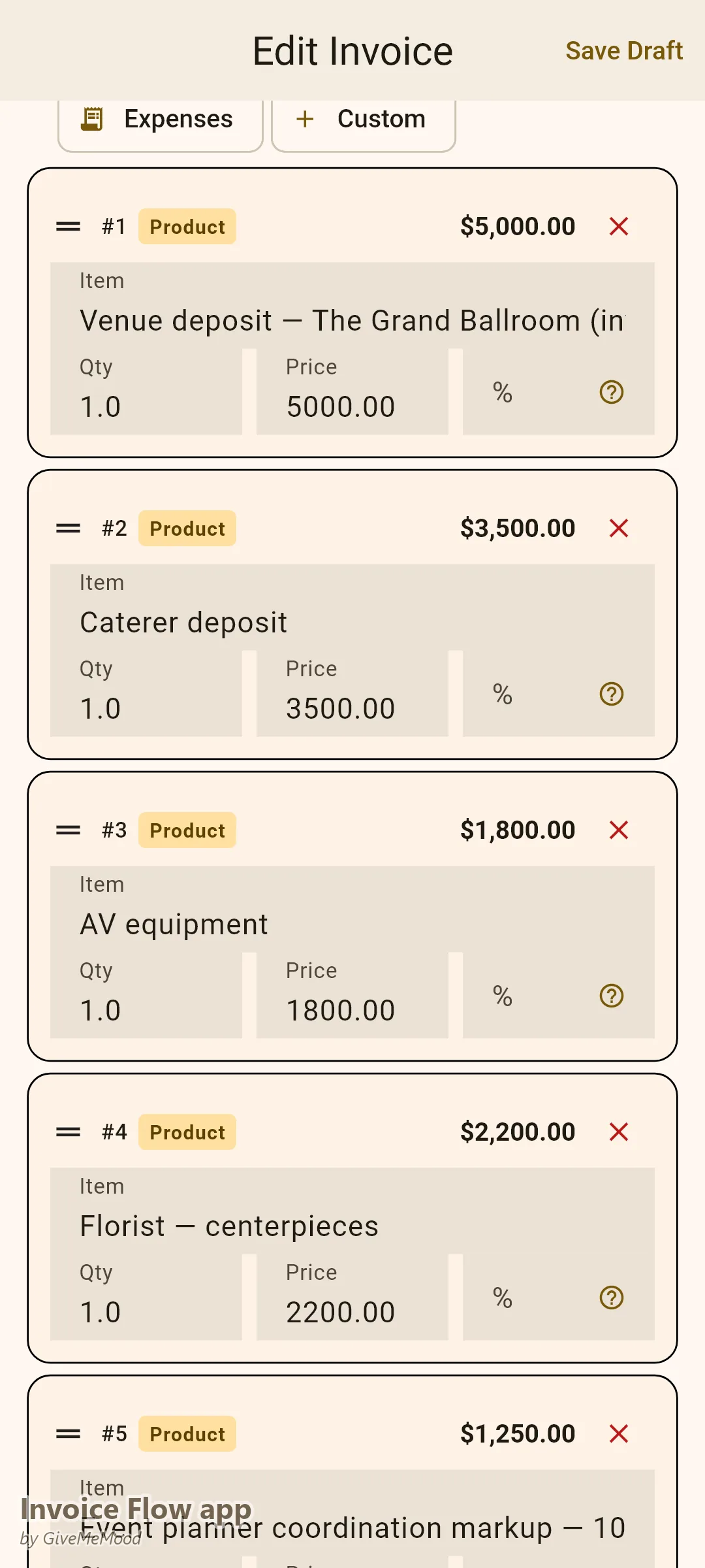 Invoice Flow app invoice editor of an event planner — venue, caterer, AV and florist vendor deposits consolidated with a 10% coordination markup and event date, guest count and budget code in custom fields