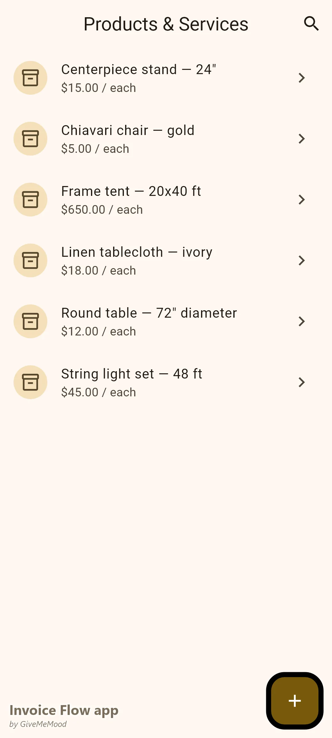 Katalog produktů v aplikaci Invoice Flow app u půjčovny na akce — stoly, chiavari židle, ubrusy, stany a osvětlení uložené s cenami pronájmu za položku pro rychlou fakturaci