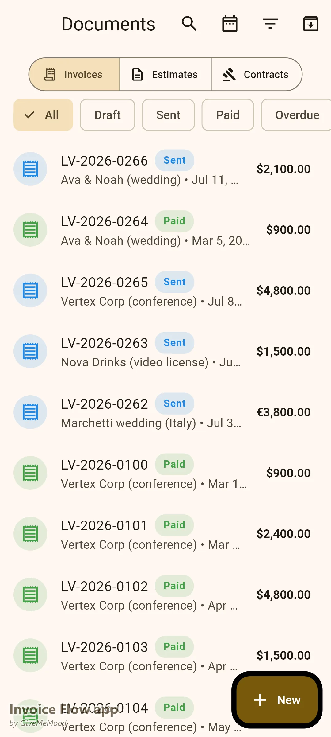 Документи в Invoice Flow app на фотограф на събития — депозит за резервация, снимки на корпоративна конференция, такса за лицензиране на видео и дестинационна сватба в EUR