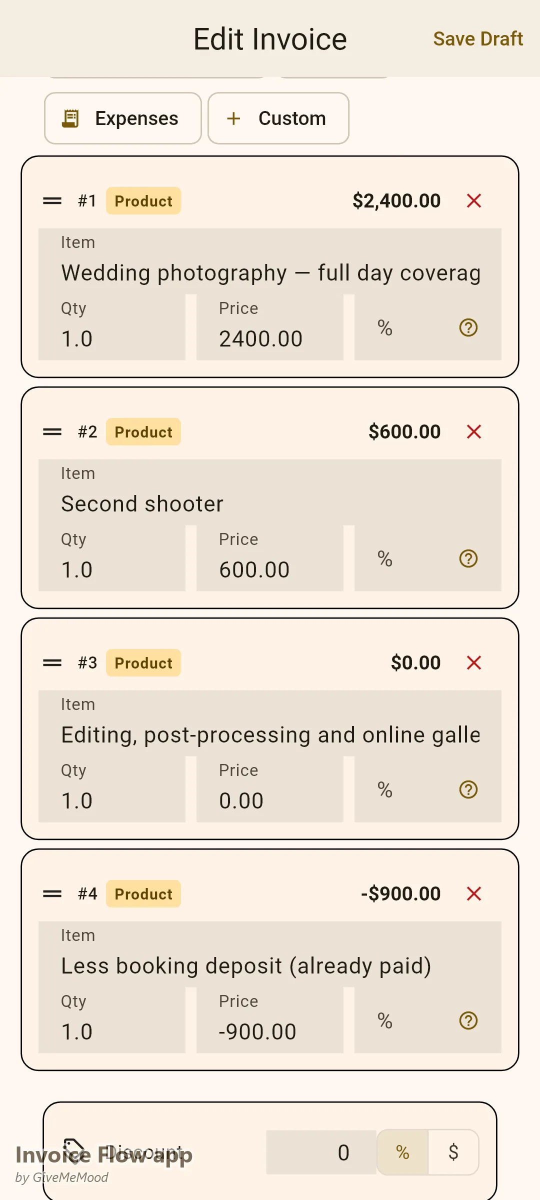 Редактор на фактури в Invoice Flow app на фотограф на събития — целодневно покритие на сватба с втори фотограф и включен монтаж и приспаднат резервационен депозит като отрицателен ред, със събитие, дата и място в персонализирани полета