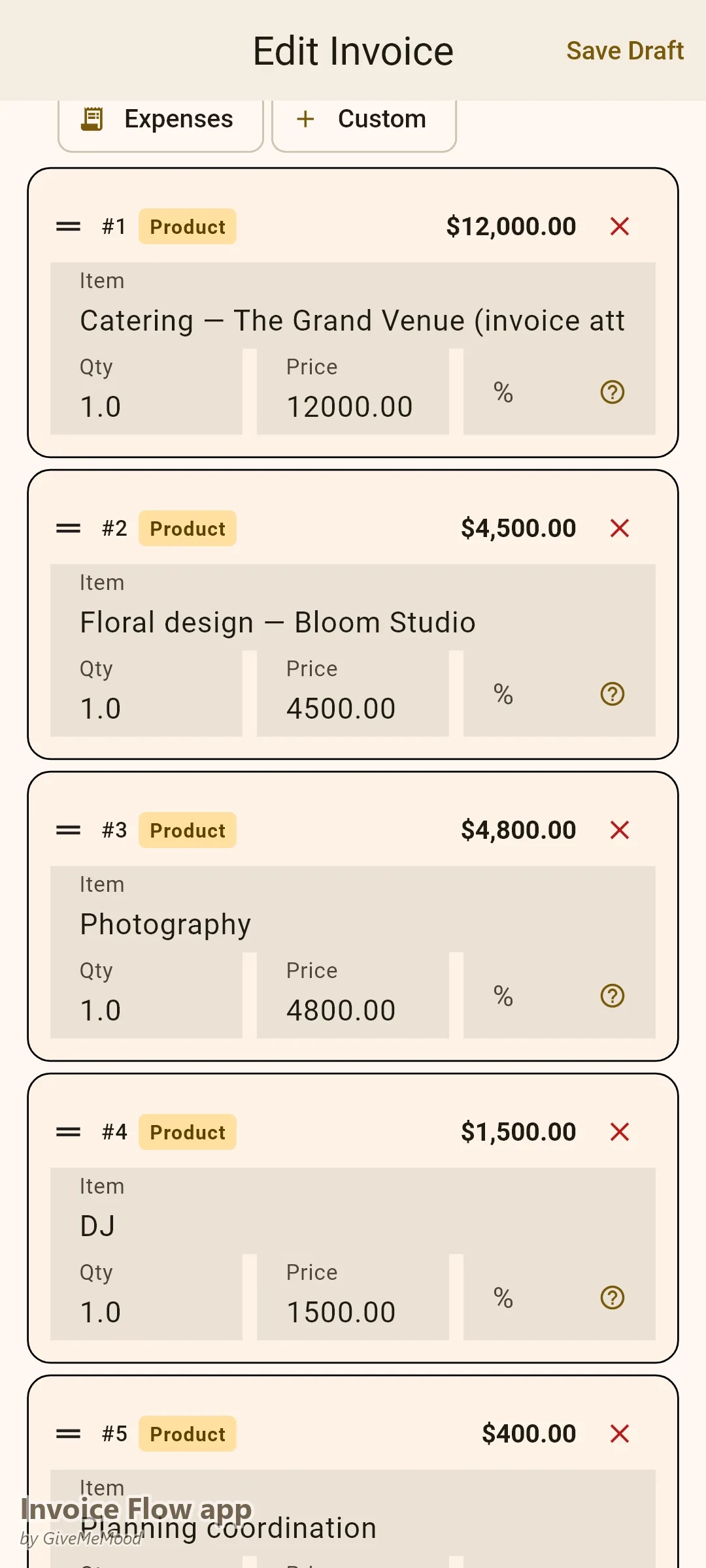 עורך חשבוניות באפליקציית Invoice Flow של מתכנן חתונות — עלויות ספק של קייטרינג, פרחים, צילום ו-DJ מאוחדות עם שורת תיאום תכנון וזוג, תאריך חתונה ומקום בשדות מותאמים