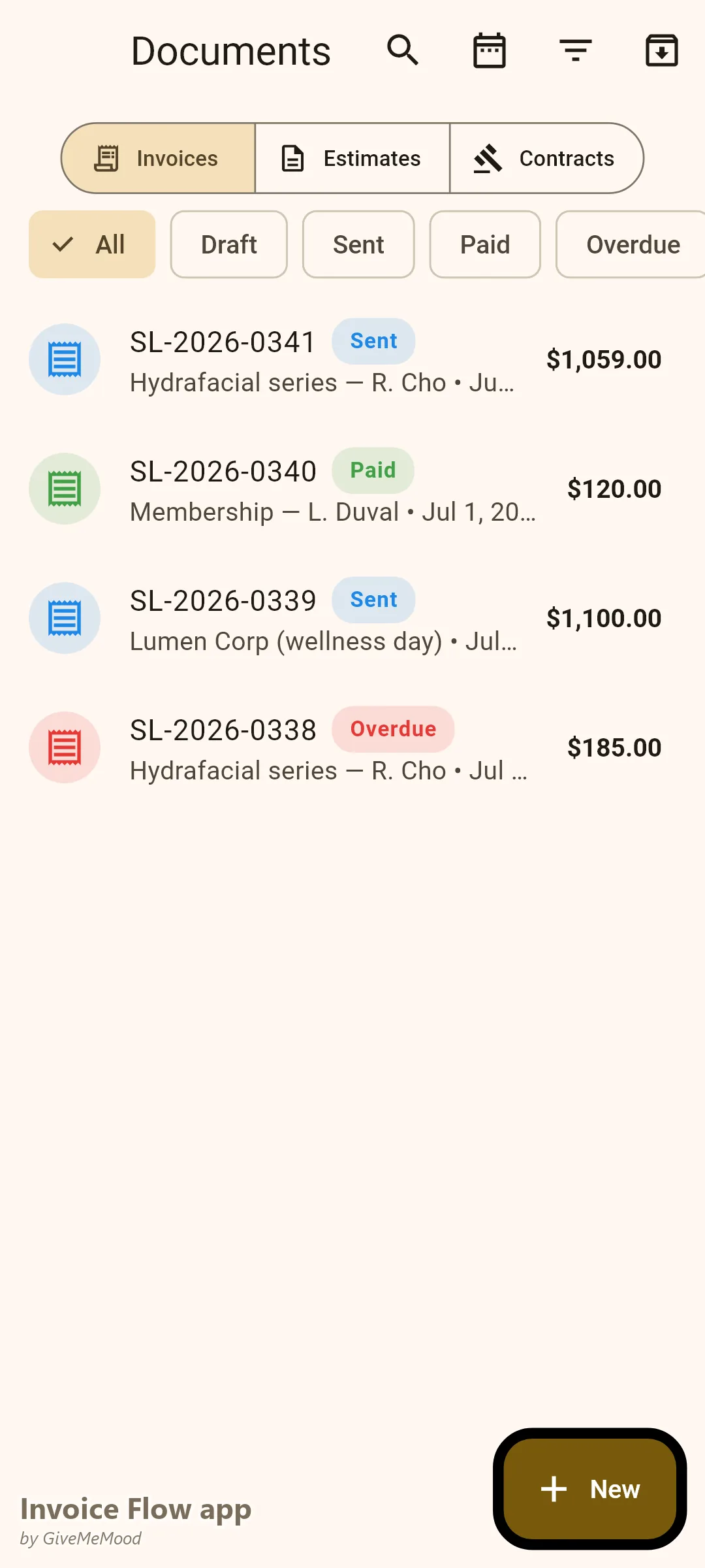 Documentos de Invoice Flow app de un esteticista — un paquete de tratamientos, una membresía mensual, un evento de bienestar corporativo y un recibo de peeling médico apto para HSA