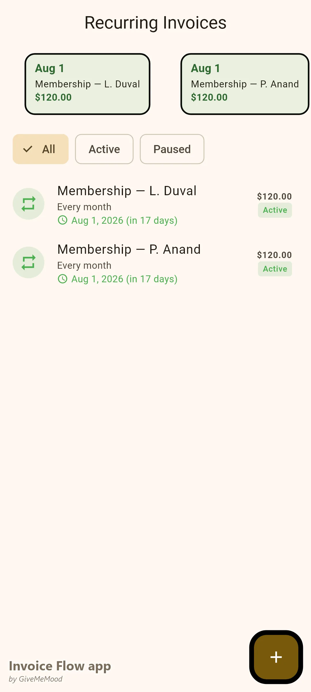 Facturas recurrentes de Invoice Flow app de un esteticista — membresías mensuales de faciales que se generan automáticamente para una base de ingresos recurrentes