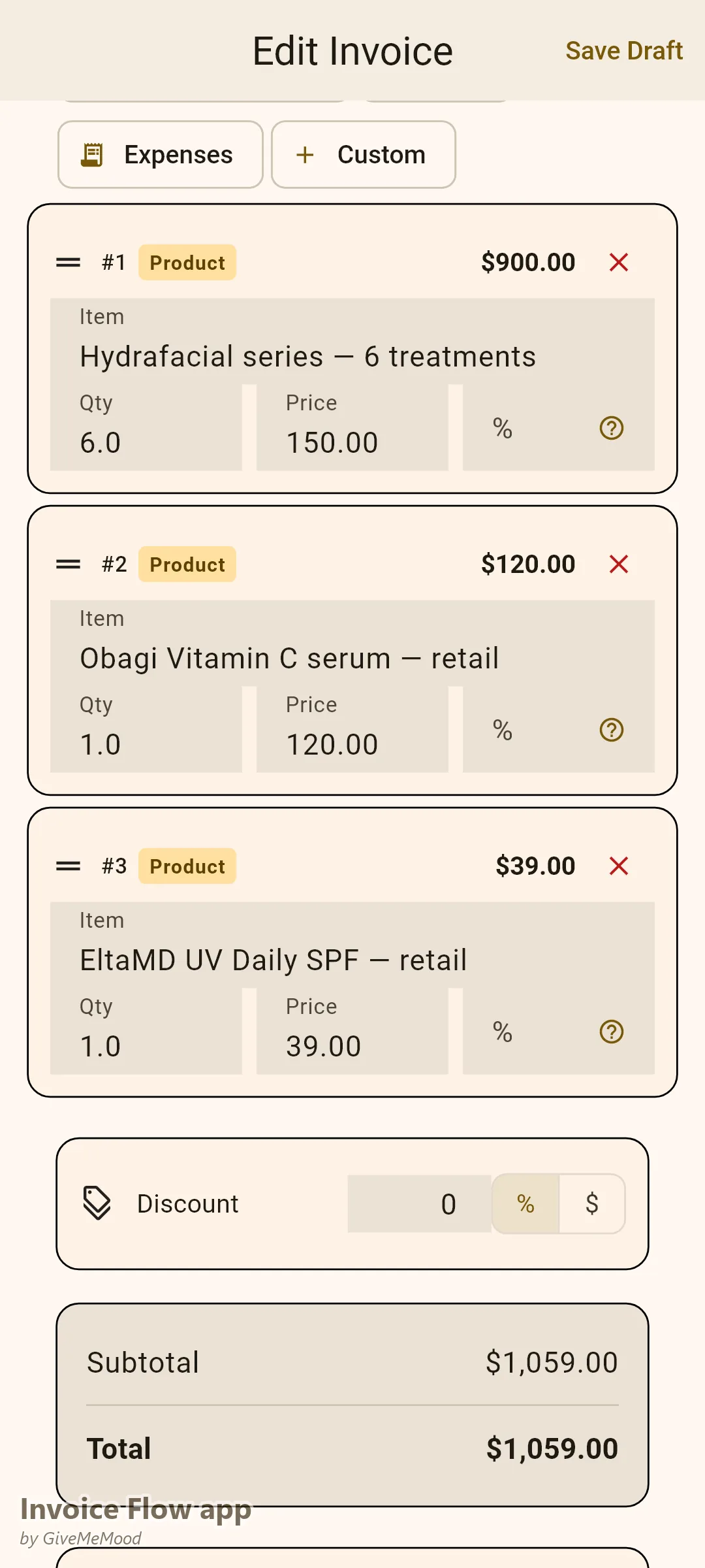 Editor de facturas de Invoice Flow app de un esteticista: una serie de 6 tratamientos Hydrafacial facturada por adelantado con partidas de sérum minorista y SPF y preocupación cutánea en campos personalizados