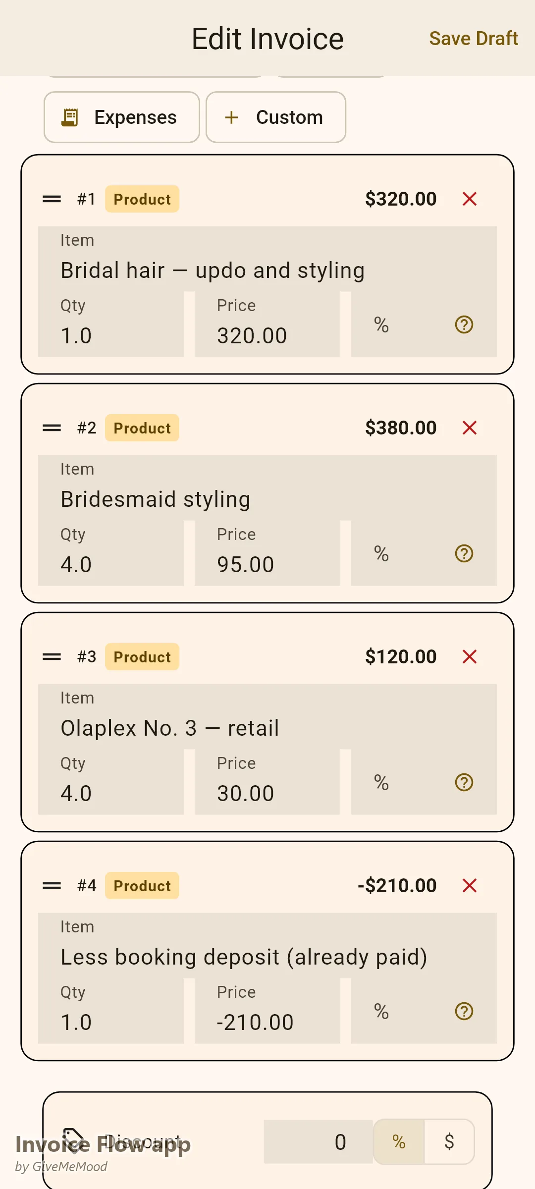 Kihariri cha ankara cha Invoice Flow app cha mtengeneza nywele — updo ya bibi harusi na mtindo wa wasindikizaji na mstari wa bidhaa ya rejareja na amana ya uhifadhi iliyotolewa, tukio na tarehe kwenye sehemu maalum