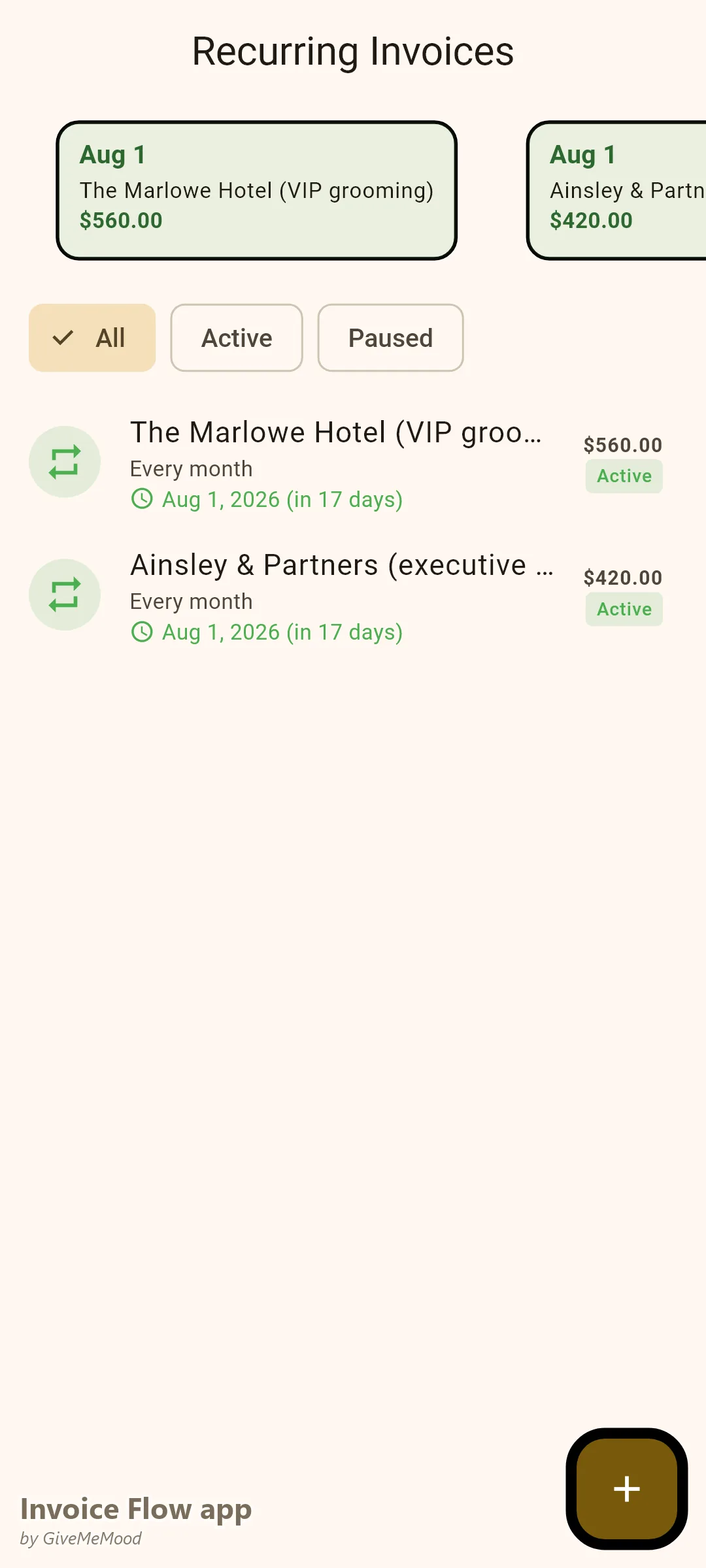 Ankara zinazojirudia za Invoice Flow app za mtengeneza nywele — akaunti za urembo za watendaji za kila mwezi kwa hoteli na kampuni ya sheria zinazozalishwa kiotomatiki