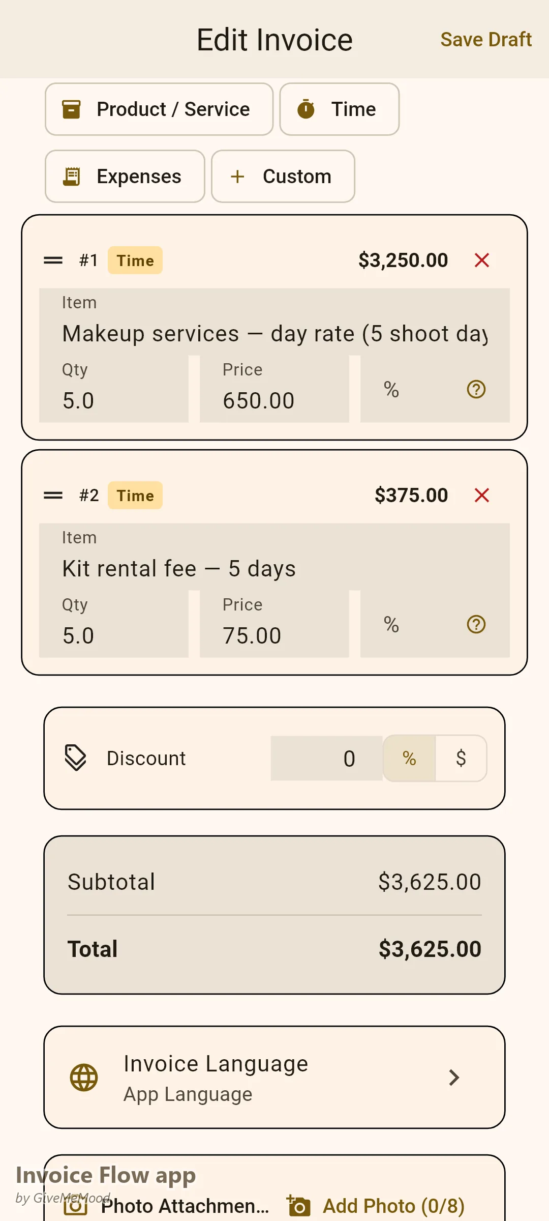 محرر الفواتير في تطبيق Invoice Flow لفنان مكياج — خمسة أيام تصوير بأجر يومي مع بند استئجار عدّة وطلب شراء إنتاج والمدير وعدد أيام التصوير في حقول مخصصة