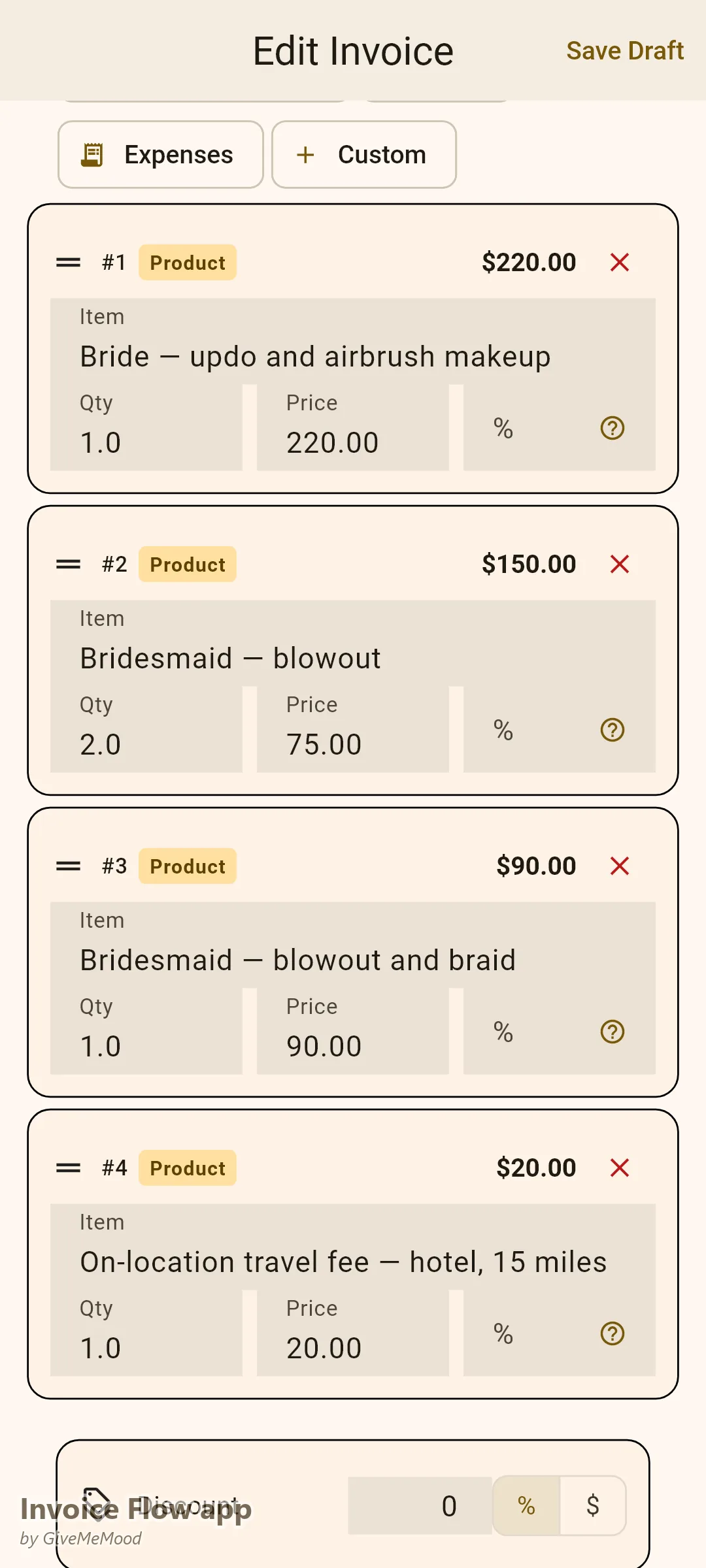 Invoice Flow app-fakturaeditor for en mobil skønhedsprofessionel — en brudemorgengruppe med brude- og brudepigeydelser og en linje for rejsegebyr til lokation, event og lokation i brugerdefinerede felter