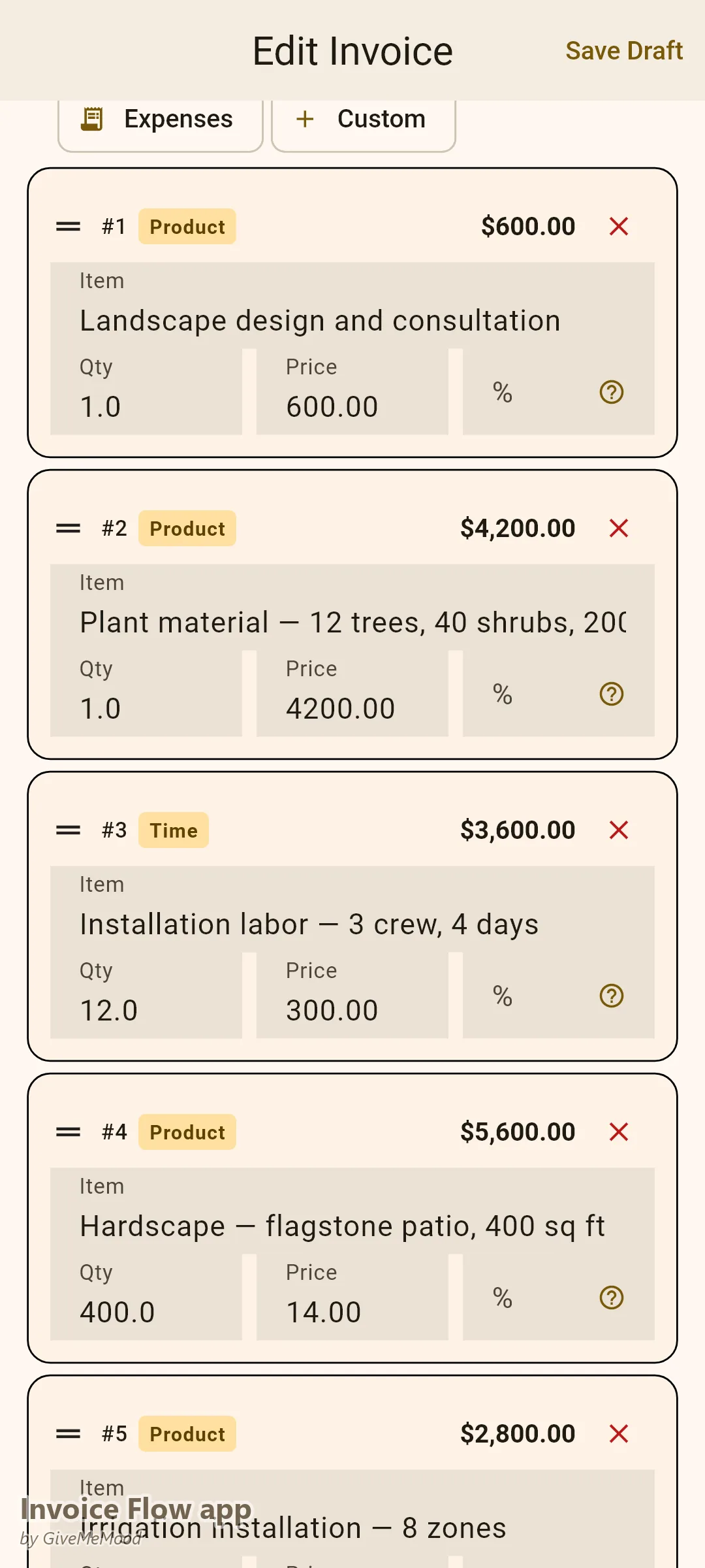 Editor faktury v aplikaci Invoice Flow app u zahradnické firmy — návrh, rostlinný materiál, práce, kamenné zpevněné plochy, závlaha a mulč rozepsané na jednom instalačním projektu s nemovitostí ve vlastních polích